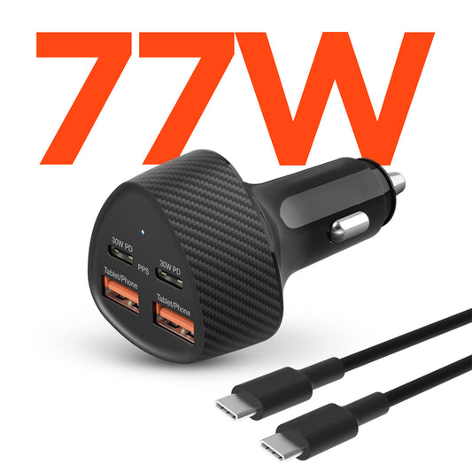77W Quad-Port Fast Car Charger with 4ft USB-C Cable – Dual 30W USB-C PD/PPS Car Charger for Phones, Tablets & Laptops