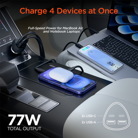 77W Quad-Port Fast Car Charger with 4ft USB-C Cable – Dual 30W USB-C PD/PPS Car Charger for Phones, Tablets & Laptops