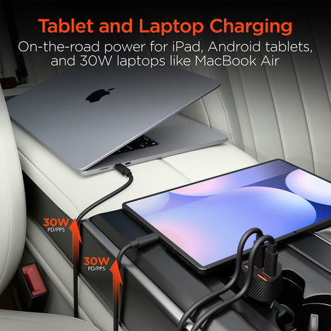 77W Quad-Port Fast Car Charger with 4ft USB-C Cable – Dual 30W USB-C PD/PPS Car Charger for Phones, Tablets & Laptops