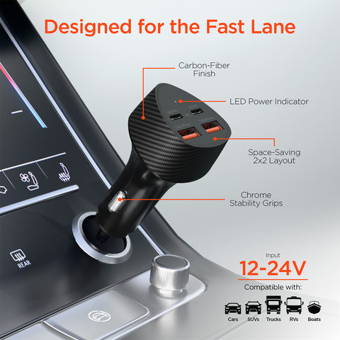77W Quad-Port Fast Car Charger with 4ft USB-C Cable – Dual 30W USB-C PD/PPS Car Charger for Phones, Tablets & Laptops
