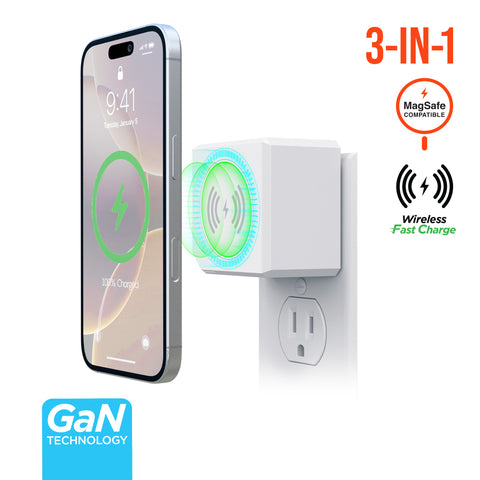 3-in-1 Magnetic Wireless Fast Charger – MagSafe-Compatible Wireless Charger with Dual USB-C PD Ports | White