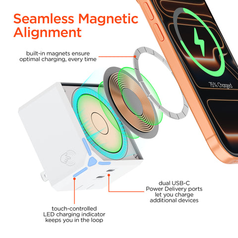 3-in-1 Magnetic Wireless Fast Charger – MagSafe-Compatible Wireless Charger with Dual USB-C PD Ports | White