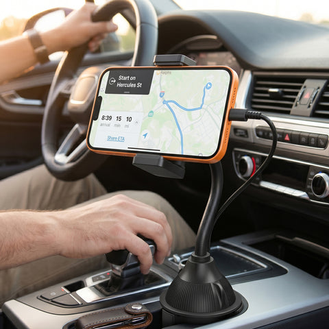 15W Wireless Fast Charging Phone Mount – Cup Holder Car Mount with Flexible Gooseneck | Black