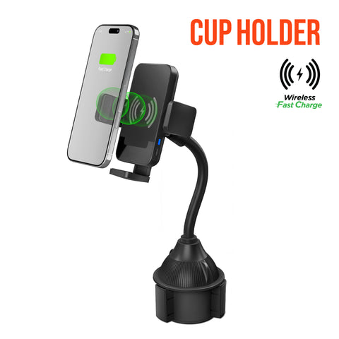 15W Wireless Fast Charging Phone Mount – Cup Holder Car Mount with Flexible Gooseneck | Black