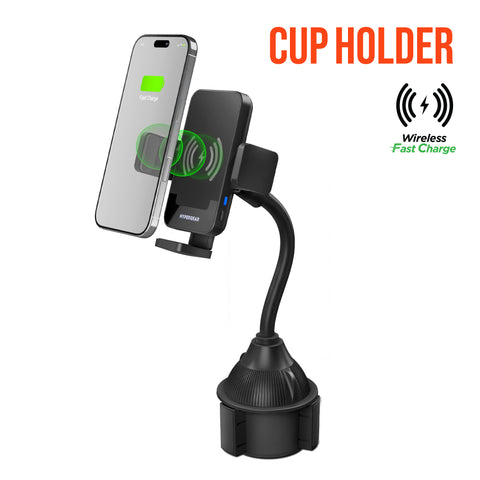 15W Wireless Fast Charging Phone Mount – Cup Holder Car Mount with Flexible Gooseneck | Black