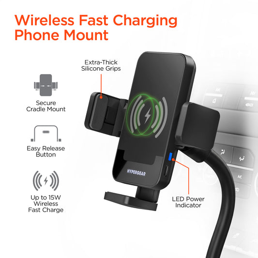 15W Wireless Fast Charging Phone Mount – Cup Holder Car Mount with Flexible Gooseneck | Black