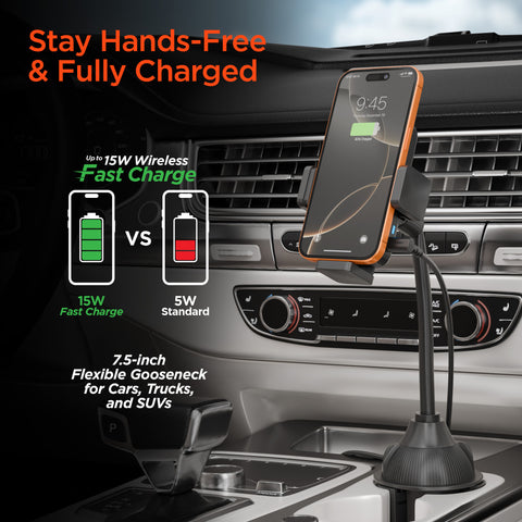 15W Wireless Fast Charging Phone Mount – Cup Holder Car Mount with Flexible Gooseneck | Black