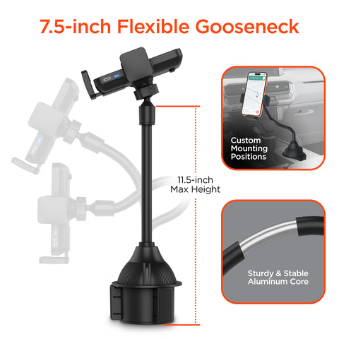 15W Wireless Fast Charging Phone Mount – Cup Holder Car Mount with Flexible Gooseneck | Black