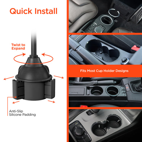 15W Wireless Fast Charging Phone Mount – Cup Holder Car Mount with Flexible Gooseneck | Black