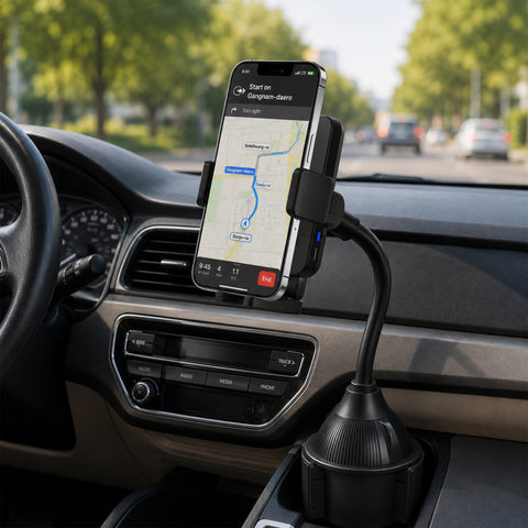 15W Wireless Fast Charging Phone Mount – Cup Holder Car Mount with Flexible Gooseneck | Black