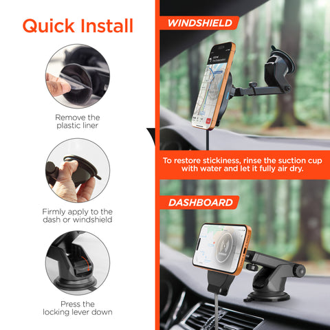 15W Magnetic Wireless Fast Charging Phone Mount | Black 3-in-1 Kit | Vent, Dashboard & Windshield | MagSafe-Compatible