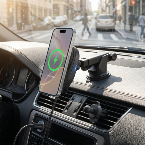 Mag Grip 15W Magnetic Wireless Fast Charging Phone Mount | Black 3-in-1 Kit | Vent, Dashboard & Windshield | MagSafe-Compatible