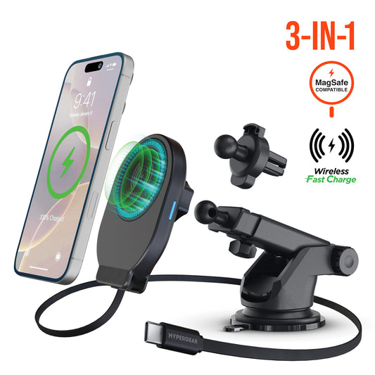 Mag Grip 15W Magnetic Wireless Fast Charging Phone Mount | Black 3-in-1 Kit | Vent, Dashboard & Windshield | MagSafe-Compatible