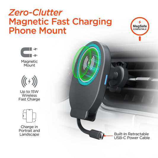 15W Magnetic Wireless Fast Charging Phone Mount | Black 3-in-1 Kit | Vent, Dashboard & Windshield | MagSafe-Compatible