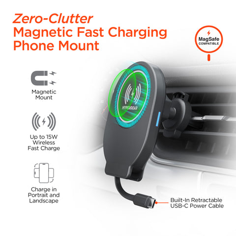 Mag Grip 15W Magnetic Wireless Fast Charging Phone Mount | Black 3-in-1 Kit | Vent, Dashboard & Windshield | MagSafe-Compatible