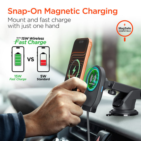 Mag Grip 15W Magnetic Wireless Fast Charging Phone Mount | Black 3-in-1 Kit | Vent, Dashboard & Windshield | MagSafe-Compatible