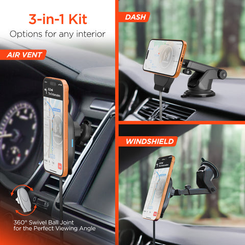 15W Magnetic Wireless Fast Charging Phone Mount | Black 3-in-1 Kit | Vent, Dashboard & Windshield | MagSafe-Compatible