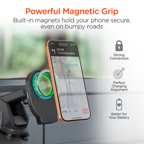 Mag Grip 15W Magnetic Wireless Fast Charging Phone Mount | Black 3-in-1 Kit | Vent, Dashboard & Windshield | MagSafe-Compatible