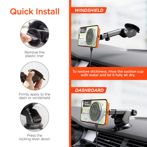 15W Magnetic Wireless Fast Charging Phone Mount | Black 3-in-1 MagSafe-Compatible Car Mount for Vent, Dashboard & Windshield