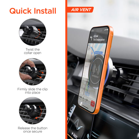 MaxCharge 15W Magnetic Wireless Fast Charging Phone Mount | Black 3-in-1 MagSafe-Compatible Car Mount for Vent, Dashboard & Windshield