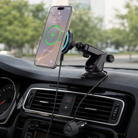 MaxCharge 15W Magnetic Wireless Fast Charging Phone Mount | Black 3-in-1 MagSafe-Compatible Car Mount for Vent, Dashboard & Windshield