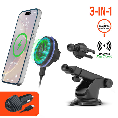 15W Magnetic Wireless Fast Charging Phone Mount | Black 3-in-1 MagSafe-Compatible Car Mount for Vent, Dashboard & Windshield