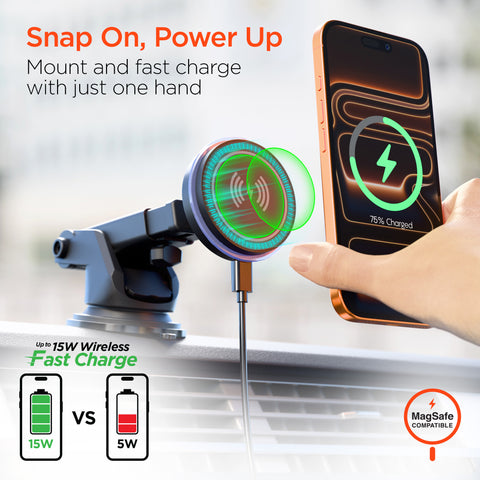 15W Magnetic Wireless Fast Charging Phone Mount | Black 3-in-1 MagSafe-Compatible Car Mount for Vent, Dashboard & Windshield