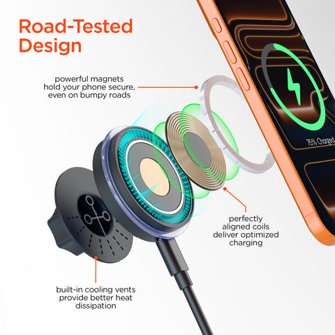 15W Magnetic Wireless Fast Charging Phone Mount | Black 3-in-1 MagSafe-Compatible Car Mount for Vent, Dashboard & Windshield
