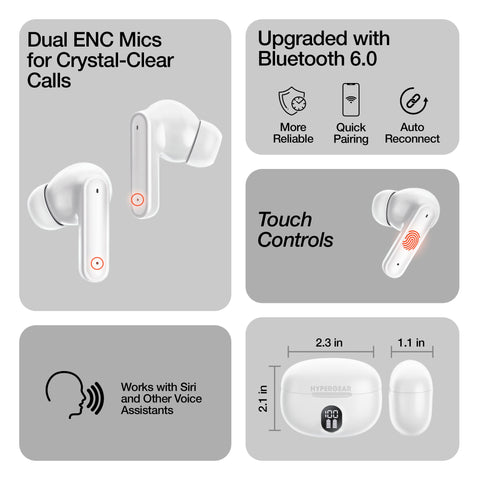 HyperBudz ANC Active Noise Cancelling True Wireless Earbuds | White