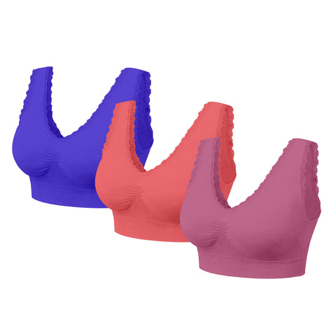 3-Pack Seamless Lace Trim Lightweight Comfort Bras – Wirefree Stretch Support Bras with Wide Straps & Full Coverage Smoothing Design