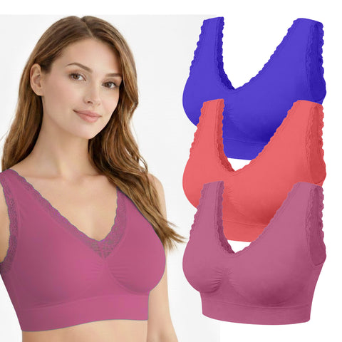 3-Pack Seamless Lace Trim Lightweight Comfort Bras – Wirefree Stretch Support Bras with Wide Straps & Full Coverage Smoothing Design