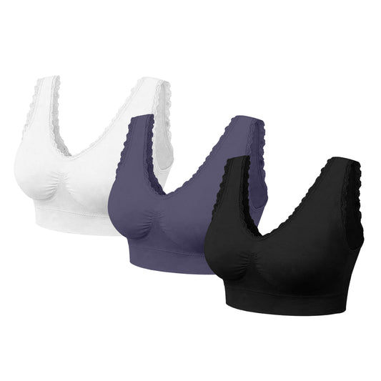 3-Pack Seamless Lace Trim Lightweight Comfort Bras – Wirefree Stretch Support Bras with Wide Straps & Full Coverage Smoothing Design