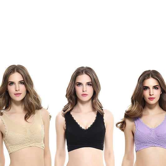 Floral Lace Bralettes, 3-Pack – Stretch Pull-On Modesty Bras, Medium or Large