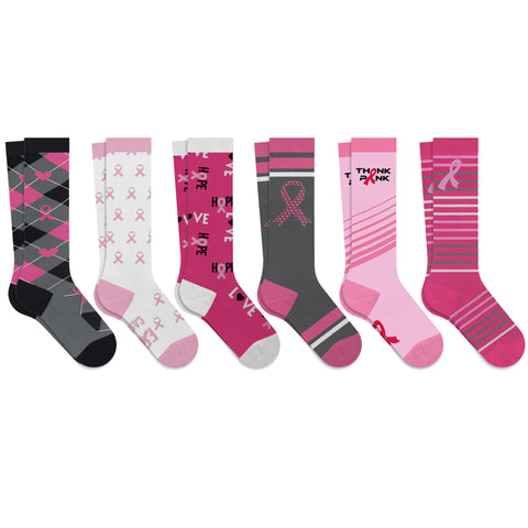 6-Pairs: Breast Cancer Awareness Compression Socks in Knee-High, Ankle or Crew Length