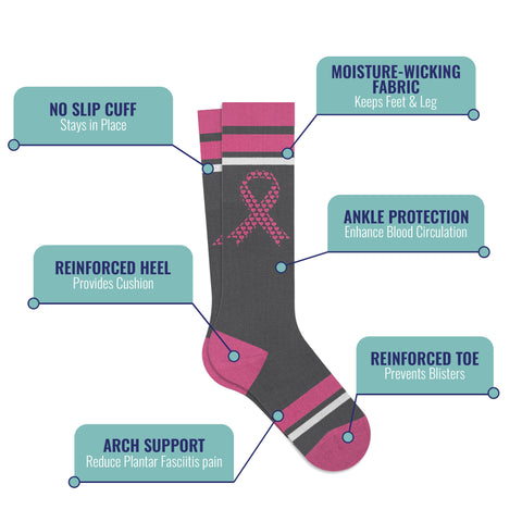 6-Pairs: Breast Cancer Awareness Compression Socks in Knee-High, Ankle or Crew Length