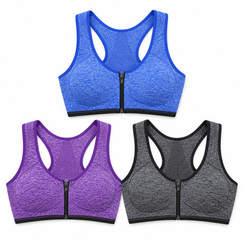 Front-Zip Sports Bras, 3-Pack – Comfortable Support, Small or Large