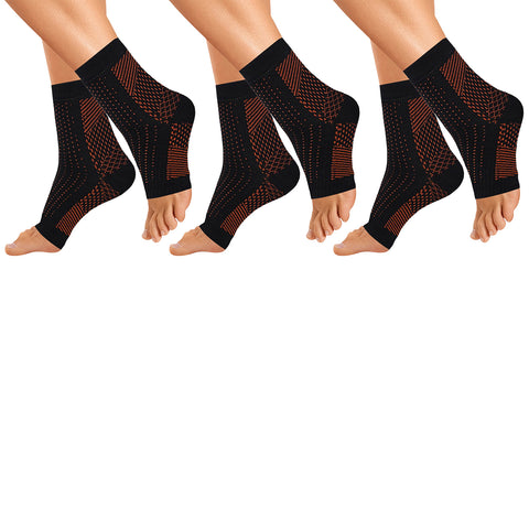 Copper-Infused Compression Foot Sleeves, 3 Pairs – Foot and Ankle Support, Gold, One Size