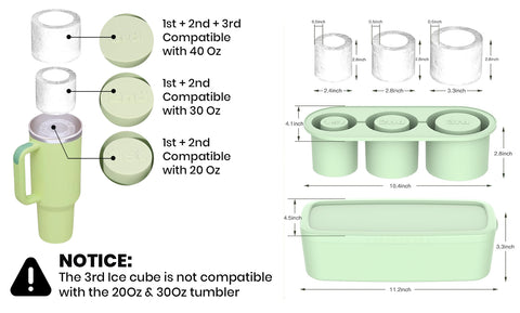 Silicone Cylinder Ice Mold Cube Tray for Tumbler Cup Mug 30Oz-40Oz, 3 Sections with Lid, Easy Fill and Release Ice Maker for Drinks, Water