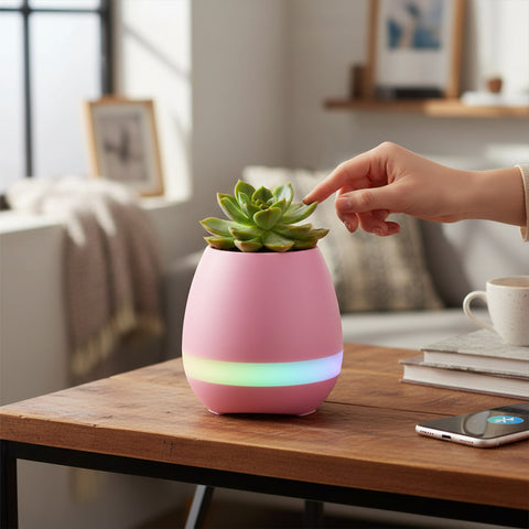 Mini Smart Flower Pot with Bluetooth Speaker & 7-Color LED Night Light – Touch-Sensitive Music Plant Piano Pot – 4-in-1 Desk Planter Speaker for Home, Office, Bedroom Decor – USB Rechargeable, iOS/Android