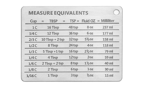 Stainless Steel Measurement Conversion Chart with Strong Magnet For Cups, Tablespoons, Teaspoons, Fluid Oz and Milliliters Conversions