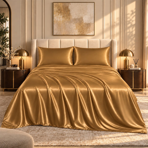 Silky-Soft Satin Sheet Set – 4-Piece 100% Polyester Satin Bedding with 14" Deep Pocket | 90 GSM