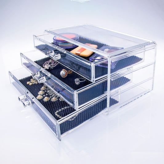 Clear Acrylic Makeup and Jewelry Organizer – 3 Drawers with Removable Liners