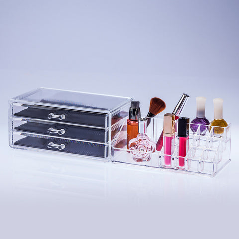 Clear Acrylic Makeup and Jewelry Organizer – 3 Drawers with Removable Liners