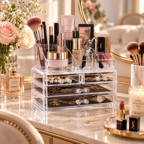 Clear Acrylic Makeup and Jewelry Organizer – 3 Drawers with Removable Liners