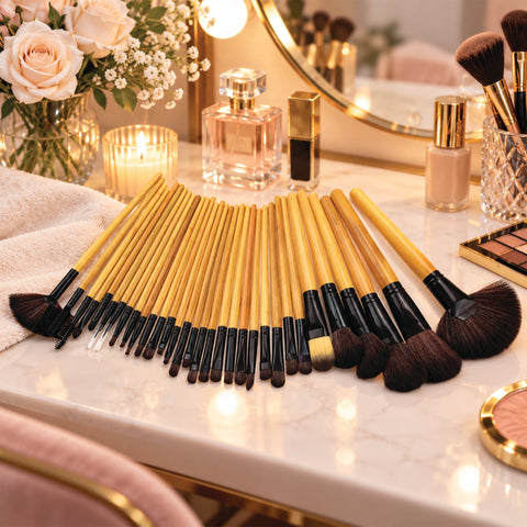 32-Piece Makeup Brush Set with Case – Synthetic Face and Eye Brushes, Natural Handles