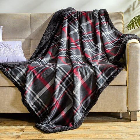 Midnight Plaid Sherpa Throw Blanket – 50 x 60 Inches | Soft Plush Fleece & Sherpa | Warm, Lightweight, Machine Washable
