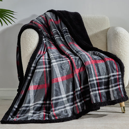 Midnight Plaid Sherpa Throw Blanket – 50 x 60 Inches | Soft Plush Fleece & Sherpa | Warm, Lightweight, Machine Washable