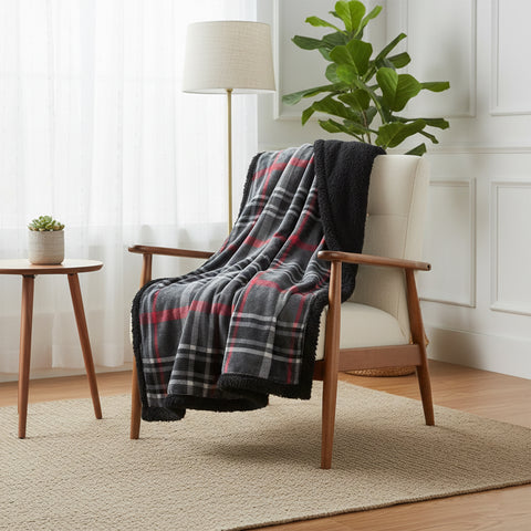 Midnight Plaid Sherpa Throw Blanket – 50 x 60 Inches | Soft Plush Fleece & Sherpa | Warm, Lightweight, Machine Washable