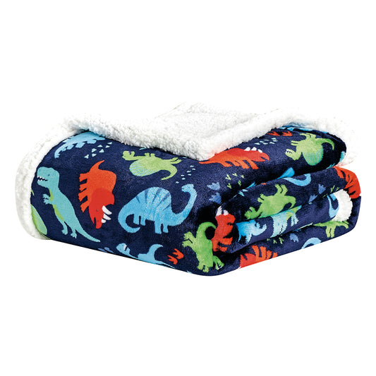 Navy Dino Faux Shearling Sherpa Throw Blanket – 50" x 60" Ultra Soft Micro Plush Blanket – Lightweight, Warm, All-Season Comfort, Machine Washable