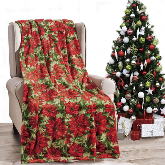 Christmas Plush Poinsettia Throw Blanket 50" x 60" Soft Polyester Holiday Decorative Throw Blanket | Red